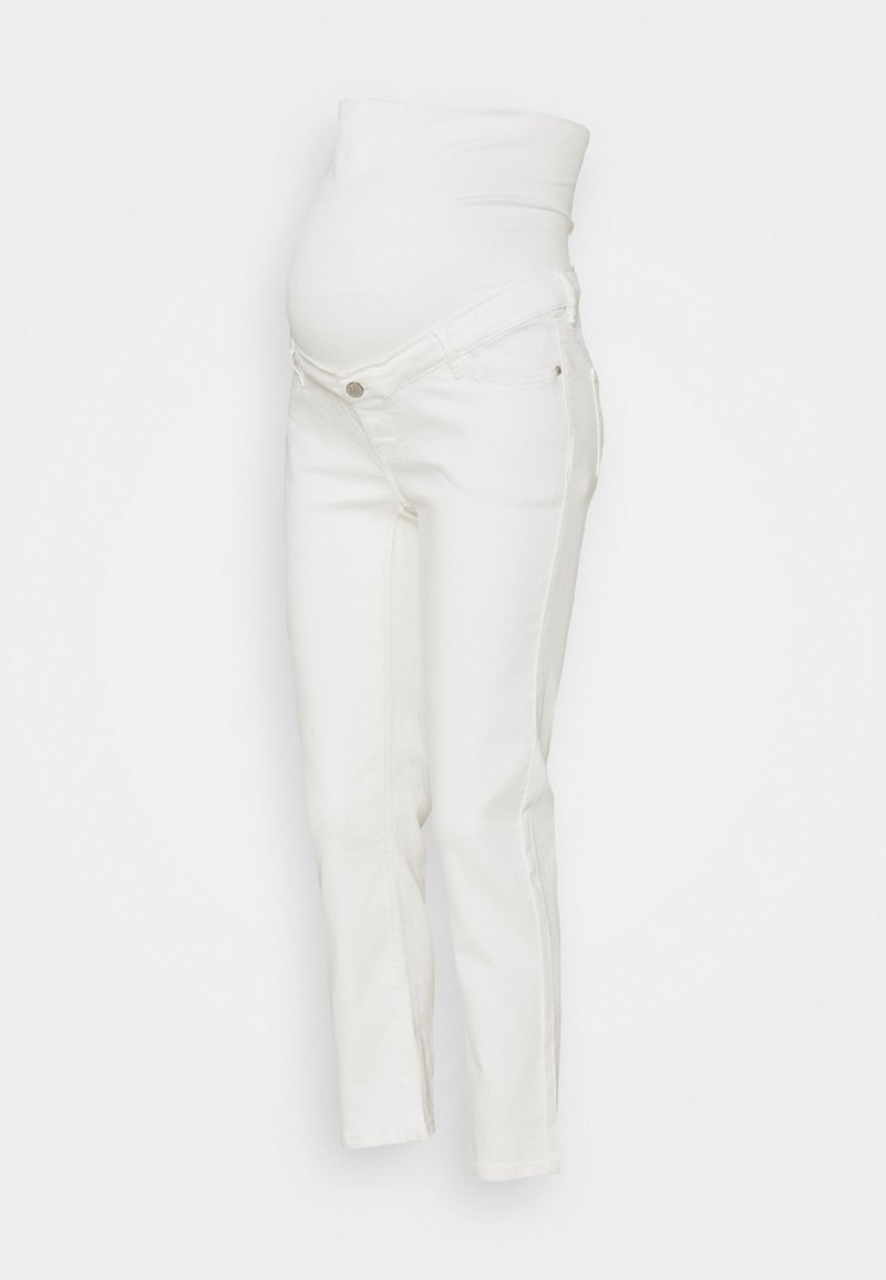 Jeans de maternidad blancos con una cintura suave y elástica, diseño de pierna cónica y cierre con botones, confeccionados con un tejido de mezclilla suave.