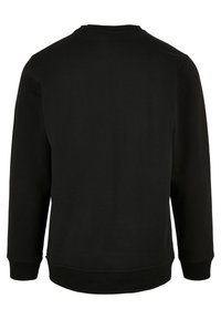 Schwarzer Sweatshirt mit langen Ärmeln, rundem Ausschnitt und gerippten Bündchen und Saum. Der Stoff wirkt weich und glatt, ohne sichtbare Muster oder Designs.