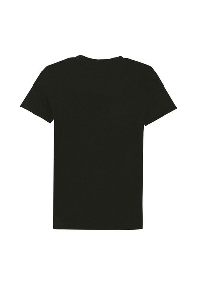 Czarny bawełniany t-shirt z krótkim rękawem, okrągłym dekoltem, prosty design, miękka tekstura, bez widocznych wzorów lub akcentów.