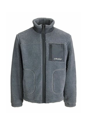Fleece jack in middelgrijs met een rits aan de voorkant, hoge kraag en twee zakken; bevat een borstzak met een zwarte rits en logo.