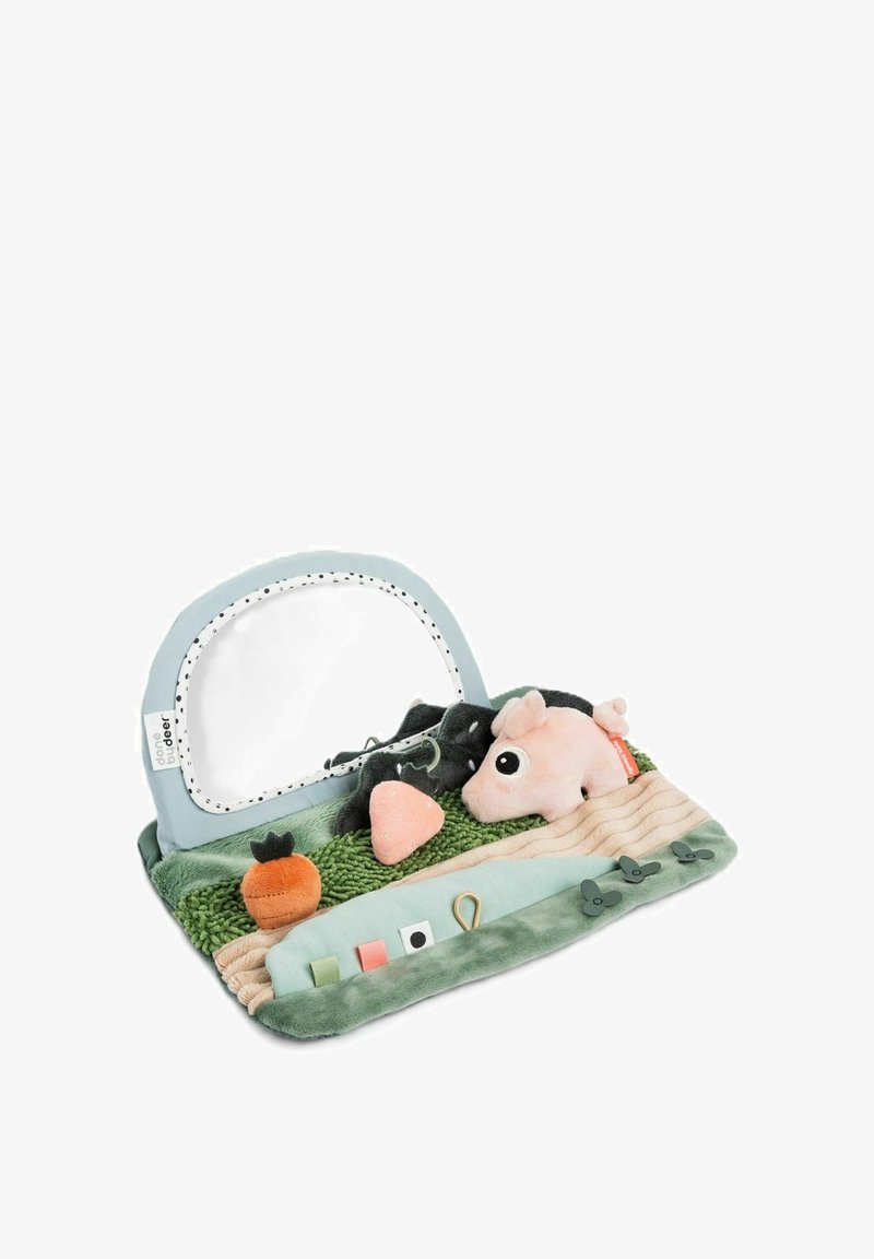 Mīksta auduma bērnu spēļu paklājs zaļā, rozā un zilā krāsā. Satur spoguli, tekstūras, mīkstas dzīvnieku figūras un dažādas krāsainas etiķetes un formas.