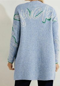Hellblauer Strickcardigan mit weicher Textur, auffälliger weißer und grüner Schrift und kontrastierenden grünen Akzenten an den Bündchen.