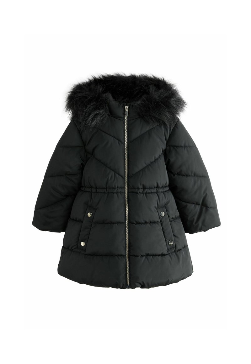 Parka nera con cappuccio in pelliccia sintetica, chiusura con zip, tasche laterali e motivo a righe orizzontali. Texture morbida e vestibilità comoda.