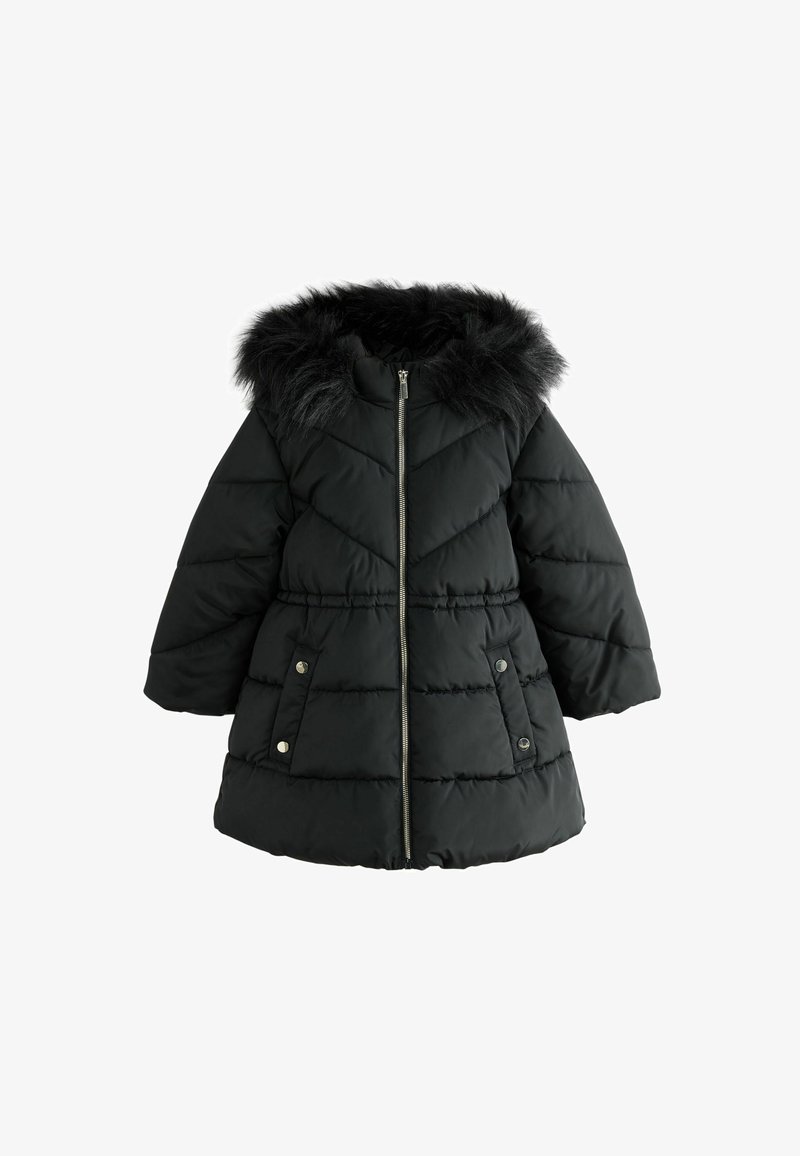 Manteau d'hiver matelassé noir avec fermeture éclair à l'avant, deux poches à boutons-pression et une capuche bordée de fausse fourrure noire.