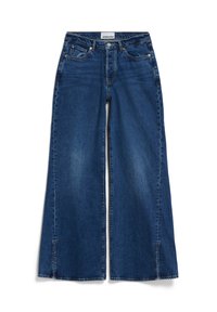 Wijd gesneden blauwe spijkerbroeken van denim, met een hoge taille, voorzakken en een subtiel vervaagd patroon. Kenmerkende splitdetail aan de zoom.