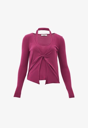 Kurz geschnittenes Langarm-Top in Burgunderrot. Verfügt über ein gedrehtes Vorderteil-Design und einen offenen Ausschnitt. Hergestellt aus weichem, dehnbarem Stoff.