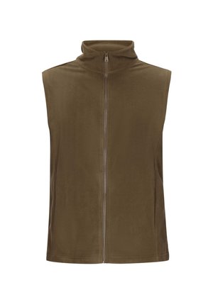 Pruun ilmaääreta vest, mis on valmistatud pehmest ja tekstuurist kangast. Omab kõrget krae ja eest lukku. Lihtne disain, sobib kihiliseks kandmiseks.