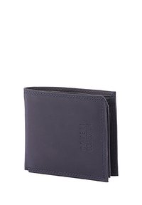 Navyblauwe leren portemonnee met een bi-fold ontwerp, met zichtbare stiksels en reliëfbranding aan de voorkant. Gladde textuur.