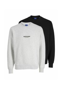 Deux sweat-shirts de Jack & Jones : un gris clair avec un logo, l'autre noir. Tous deux présentent des cols ronds et des poignets côtelés.