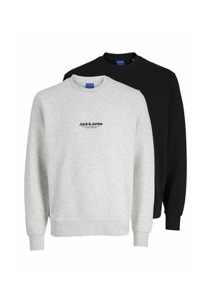 Two sweatshirts from Jack & Jones: one light gray with a logo, the other black. Both feature round necklines and ribbed cuffs.