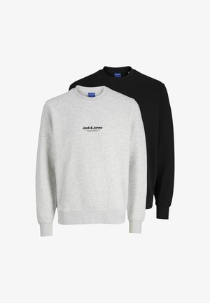 Two sweatshirts from Jack & Jones: one light gray with a logo, the other black. Both feature round necklines and ribbed cuffs.