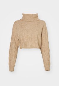 Maglione corto beige con collo alto finto, caratterizzato da un motivo a treccia e maniche lunghe con polsini a costine. Tessuto morbido.