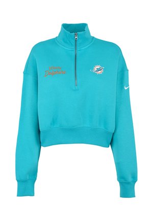 Sweatshirt corto turchese con colletto alto, zip frontale, logo dei Miami Dolphins e testo ricamato. Realizzato in tessuto morbido con polsini a coste.