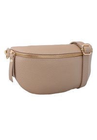 Beige textured leather waist bag with gold zipper and adjustable strap with gold buckle, shown against a white background.