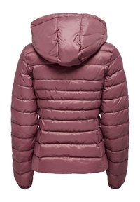 Gestepptes Jackett in Mauve mit horizontalem Steppmuster, Kapuze und elastischen Bündchen, das eine glatte, glänzende Textur aufweist.