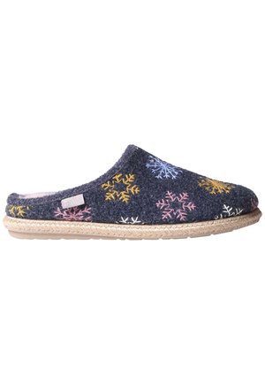 Pantoufle en laine marine avec de colorés motifs de flocons de neige brodés. Dotée d'une semelle en jute et d'un dessus doux et texturé pour le confort.