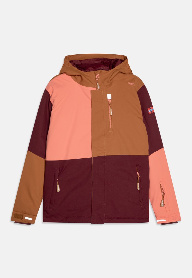 Farbblockierte Jacke mit braunen, rosa und burgunderfarbenen Paneelen. Mit Kapuze, doppelten Reißverschlusstaschen und verstellbaren Bündchen. Strapazierfähiger Stoff.