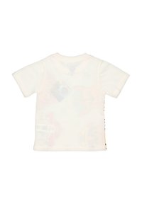 White short-sleeve toddler t-shirt with faint multicolored cartoon character prints visible through the fabric, shown from the back.