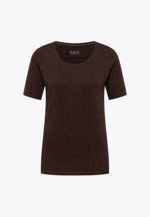 Braunes T-Shirt mit kurzen Ärmeln aus weichem Stoff, mit rundem Halsausschnitt und sauberer Naht entlang der Kanten.