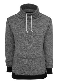 Grå och svart stickad huva med hög krage, justerbart snöre och framficka. Ribbad mudd och nederkant ger textur och passform.