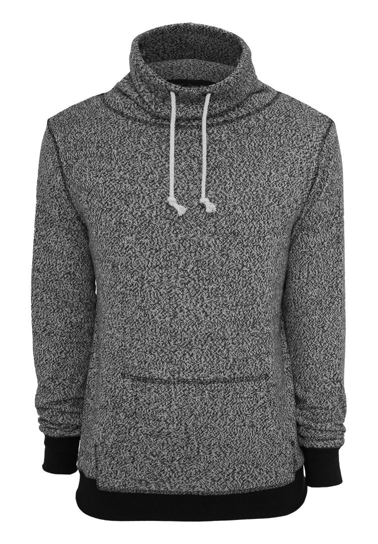 Grå och svart stickad huva med hög krage, justerbart snöre och framficka. Ribbad mudd och nederkant ger textur och passform.