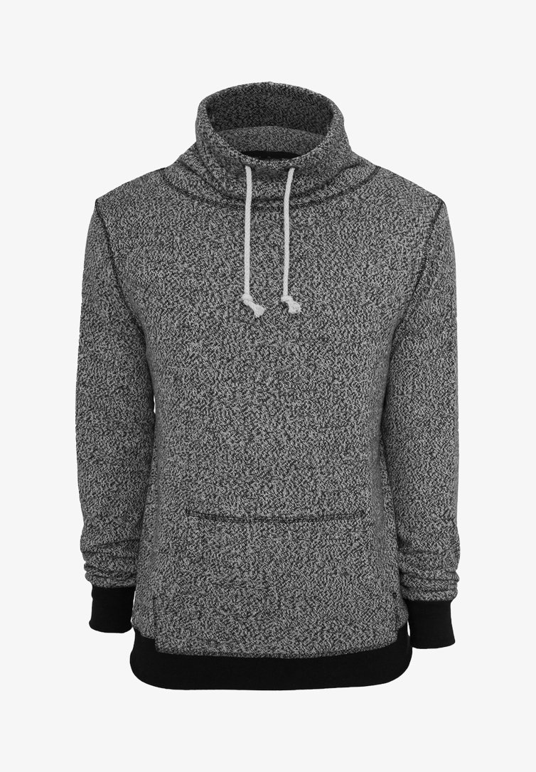 Grå och svart stickad huva med hög krage, justerbart snöre och framficka. Ribbad mudd och nederkant ger textur och passform.