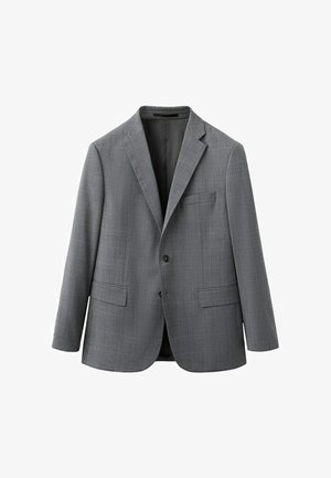 Blazer gris pour homme avec un motif à carreaux subtil, simple boutonnage avec deux poches à rabat et une poche poitrine, doté de revers à crans.