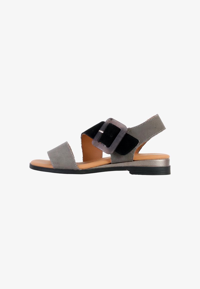 Gray suede sandal with black strap, decorative buckle, open toe, and a low, black sole. Features a smooth inner lining and minimalistic design.
