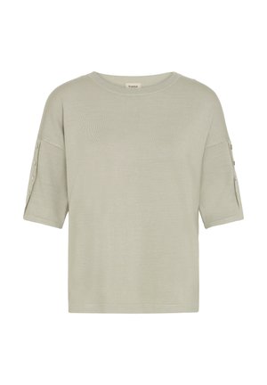 Top tricotat verde deschis cu mâneci scurte, croială lejeră, guler rotund și detalii cu nasturi pe mâneci. Textură moale și fină.