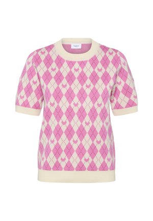 Suéter de punto de manga corta con patrón de diamantes argyle en rosa y crema y pequeños motivos de corazones, con cuello, puños y dobladillo acanalados.