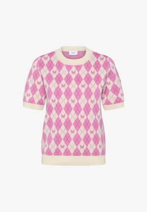 Īsām piedurknēm adīts džemperis rozā un krēmkrāsas argaila rombu rakstā ar mazām sirdsdizaina etiķetēm, ar ribām apkakle, aproces un apakšmala.