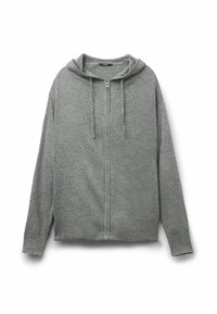 Sudadera con cremallera en color gris, hecha de tela suave. Cuenta con una capucha, cordones y puños acanalados. Diseño clásico con un corte relajado.