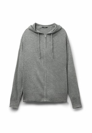 Graue Zip-Up-Hoodie aus weichem Material. Mit Kapuze, Kordeln und gerippten Bündchen. Klassisches Design mit lässiger Passform.