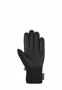 Schwarze Handschuhe aus Leder und synthetischen Materialien; verfügen über ein geripptes Design an den Fingern und einen Bund mit einem Logo-Tag.