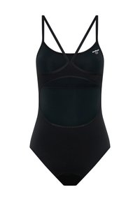 Maillot de bain une pièce noir avec un décolleté bateau, des fines bretelles croisées dans le dos et des découpes sur les côtés. Fabriqué en matière lisse et extensible.