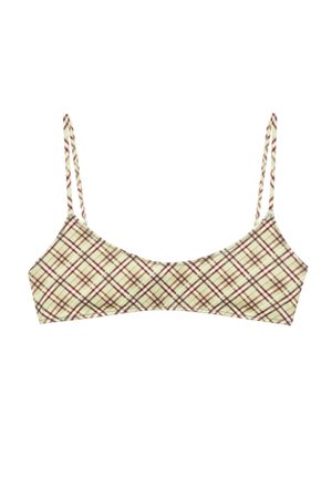 Béžový krátky bralet s tenkými nastaviteľnými ramienkami a červenohnedým károvaným vzorom, položený na bielom pozadí.