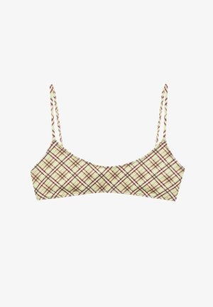 Beige cropped bralette met dunne verstelbare bandjes en roodbruin geruit patroon, plat gelegd op een witte achtergrond.
