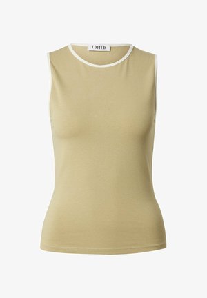 Mouwloze top in licht olijfgroen met een ronde halslijn en witte bies. Glad textuur, getailleerde pasvorm en minimale ontwerpdetails.