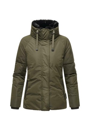 Olijfgroene, geïsoleerde pufferjack met een faux fur gevoerde capuchon, verstelbare koordjes en zwarte manchetten. Voorzien van zijzakken met rits.