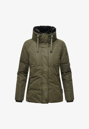Olivengrønn, isolert boblejakke med hette fôret med kunstpels, justerbare snorer og svarte mansjetter. Har sidelommer med glidelås.