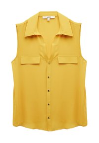 Sleeveless yellow blouse made of smooth fabric, featuring a collared neck, two chest pockets, and button front closure with black buttons.