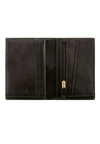 Portafoglio in pelle marrone scuro con diversi slot per carte, un scomparto con zip e dettagli di cucitura a vista. Superfici lisce e testurizzate.