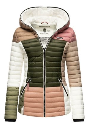 Gewatteerde jas met een capuchon, ritssluiting en een kleurblokontwerp in groen, beige, wit en roze. Geweven stof met zijzakken.