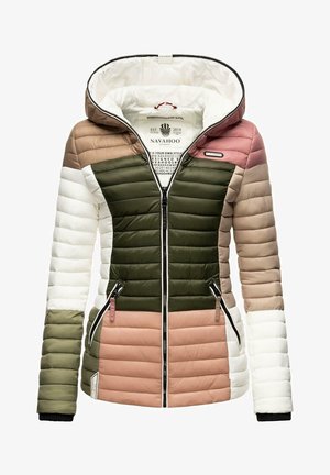 Padded jacket featuring a hood, zip closure, and color block design in green, beige, white, and pink. Textured fabric with side pockets.