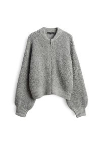 Maglione grigio con zip, dalla finitura texture e pelosa, maniche ampie e polsini e orlo a coste. Il design cropped migliora il comfort e la vestibilità.