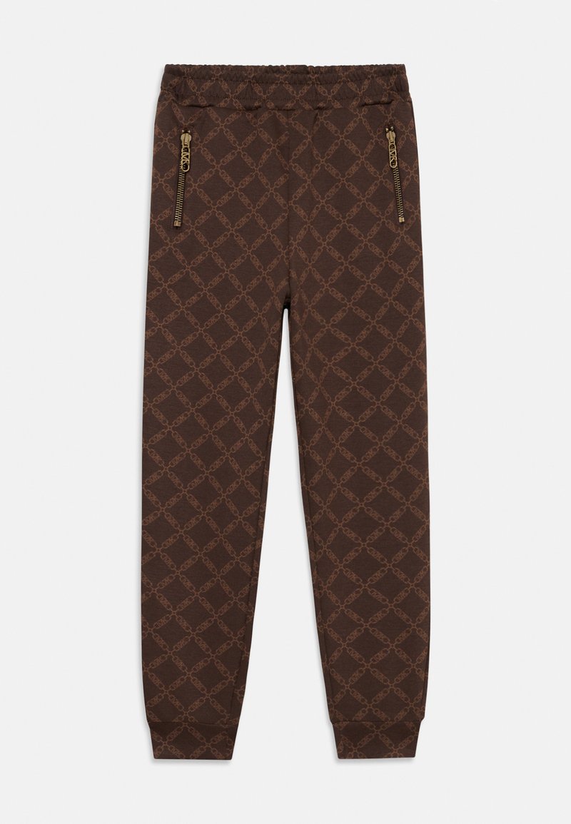 Καφέ αθλητικά παντελόνια με επαναλαμβανόμενο σχέδιο αλυσίδας, ελαστική μέση, τσέπες στο πλάι με φερμουάρ και μανσέτες στους αστράγαλους.