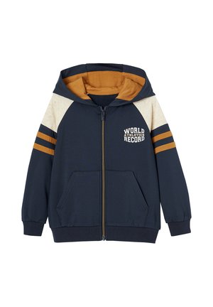 Navy blue zip-up hoodie with tan lining, cream shoulder panels, double tan stripes on sleeves, front pockets, and "World Athletics Record" text on chest.