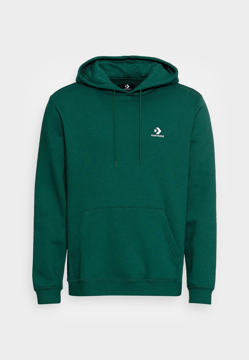 Zielona bluza z kapturem wykonana z mieszanki bawełny, z kieszenią typu kangur, regulowanym kapturem na sznurki oraz białym logo na klatce piersiowej. Miękka w dotyku.