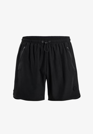 Zwarte shorts van zachte stof, met een elastische tailleband en een trekkoord, twee met rits afgesloten zijzakken en een logo-accent.