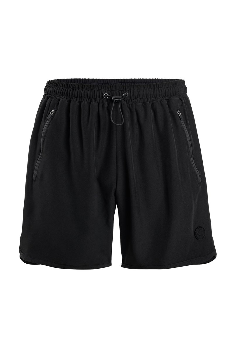 Czarne szorty wykonane z miękkiego materiału, z elastycznym pasem wyposażonym w sznurek, dwiema bocznymi kieszeniami zapinanymi na zamek oraz akcentem w postaci logo.
